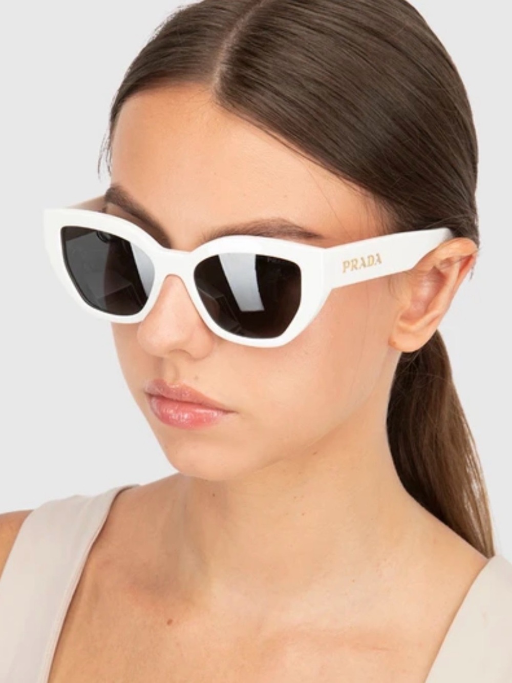 Prada White Cat-Eye Sunglasses with Black Lenses New